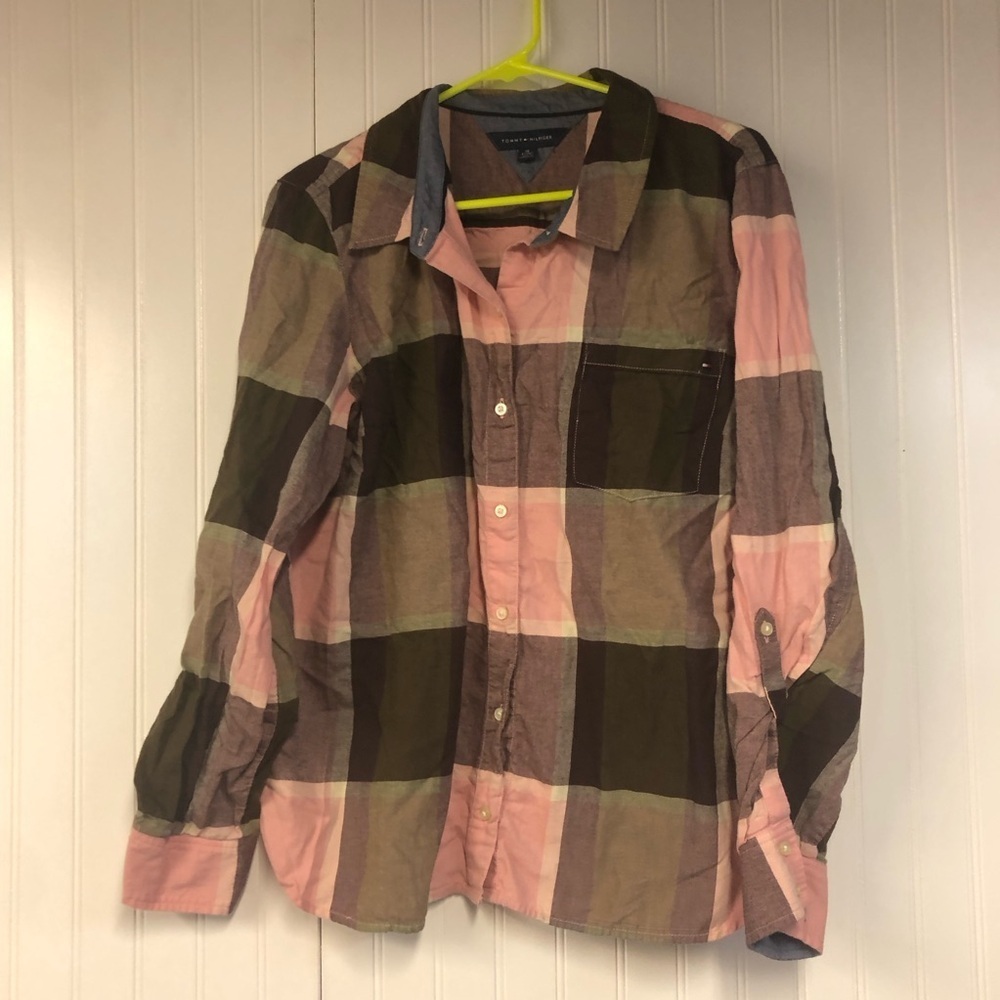Tommy Hilfiger Pink and Brown Checkered Plaid Flannel Button Down Shirt XL